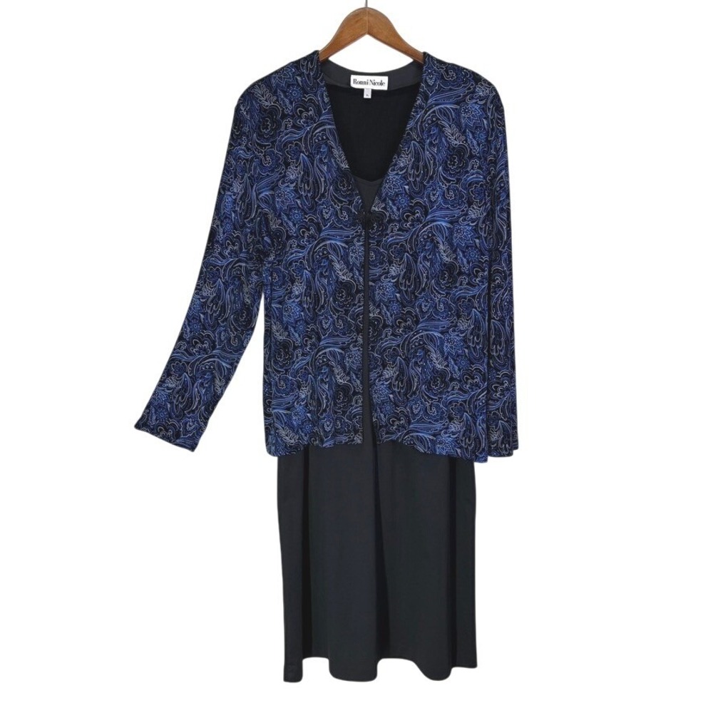 Ronni Nicole Vtg 2-Piece Cardigan/Dress XL Dress 16.5 Blue Black Mother of Bride